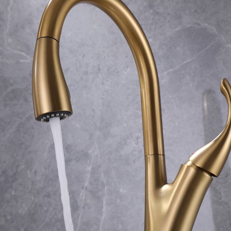 360 Degree Swivel Pull Down Kitchen Sink Faucet, Two Functions Brushed Gold Single Handle Kitchen Faucet