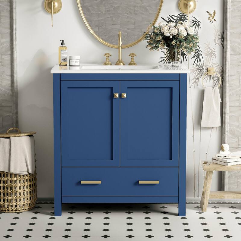 30 Inch Freestanding Bathroom Vanity with Rectangular Ceramic Sink, Two Doors, and Storage Drawer - Elegant Finish