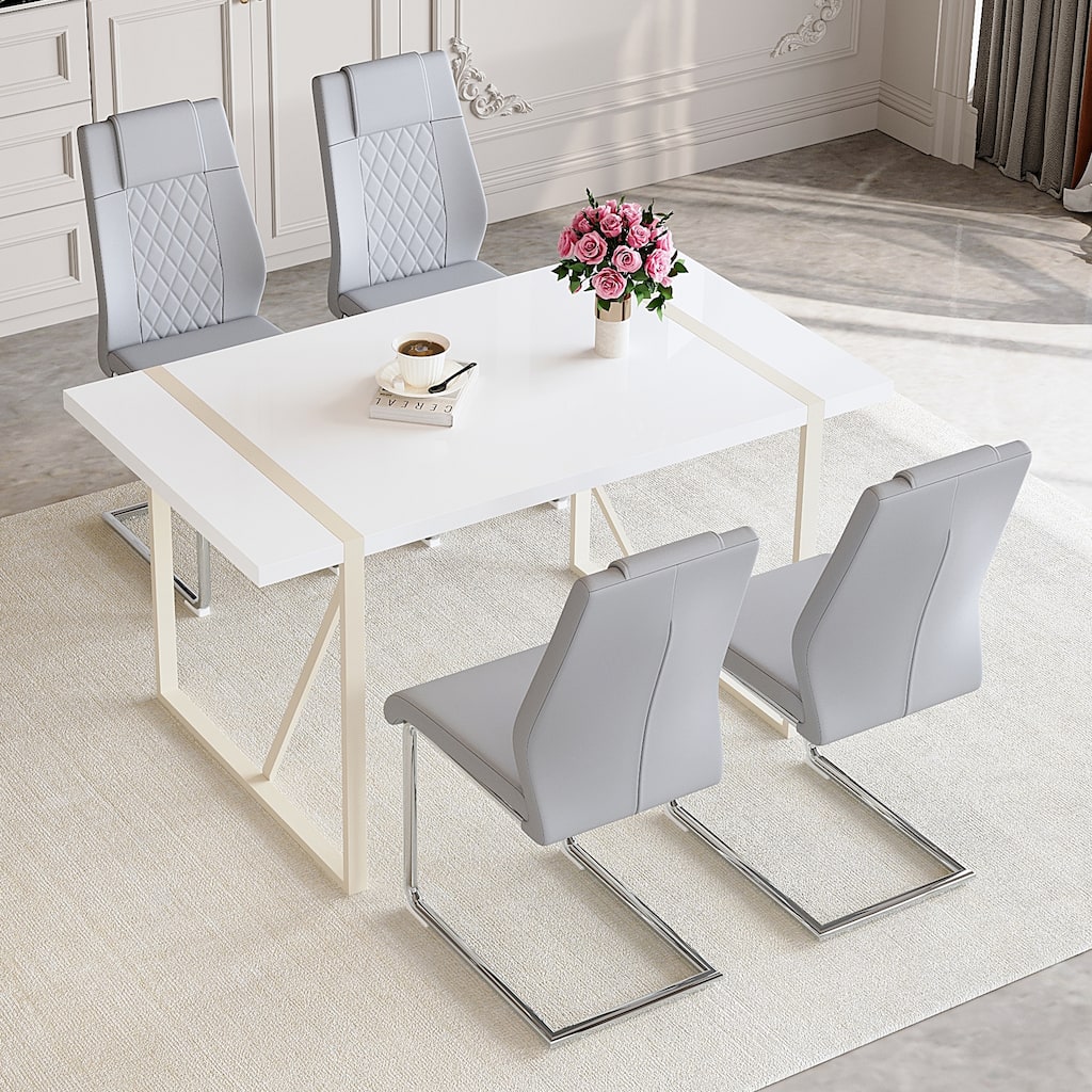 Roomfitters 5pcs Cream Style MDF Dining Table Set with Chairs and Silver Metal Legs, Soft Neutral Design, Light Gray