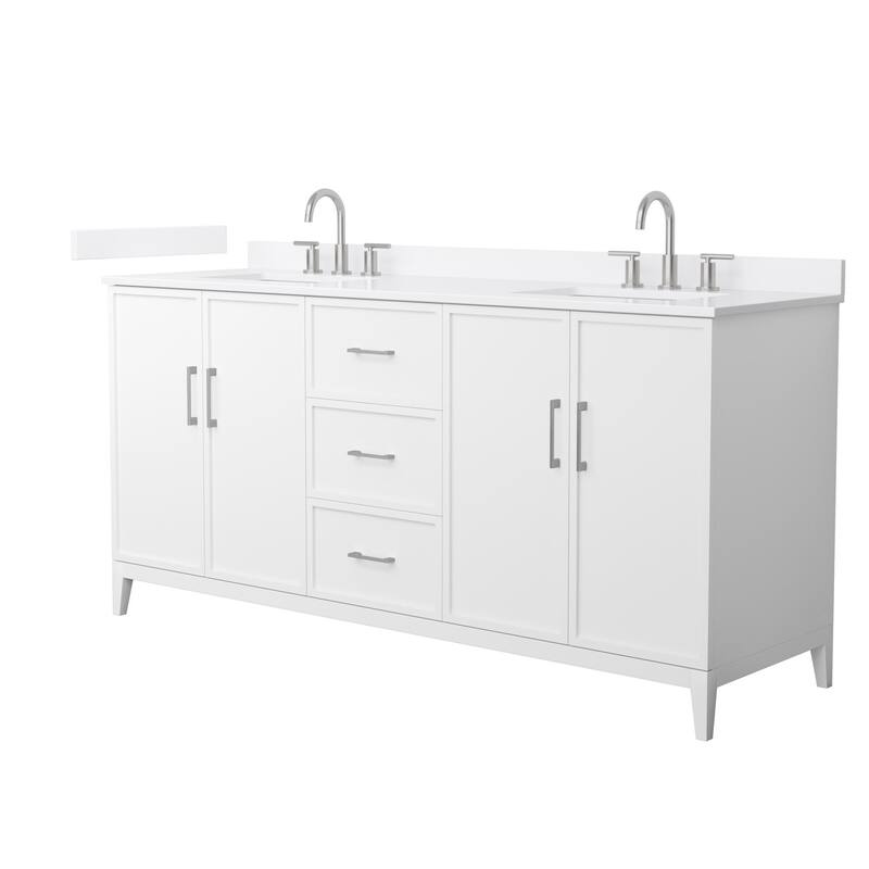Elan 72-inch Double Vanity, 3 Hole Quartz Top - White, Nickel Trim, White Quartz Top