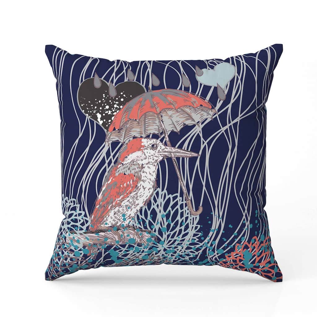 Bird with Umbrella Faux Suede Reversible Throw Pillow Blue and Copper