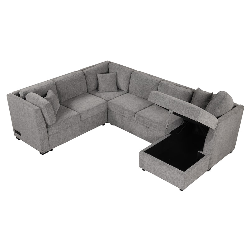 108.6" Fabric U-Shaped 6-Seater Sofa with Bed