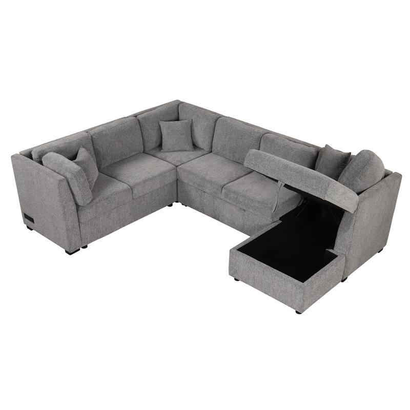 U-shaped Sectional Sofa Pull out Sofa Bed with Two USB Ports, Two Power Sockets, Three Back Pillows and a Storage Chaise