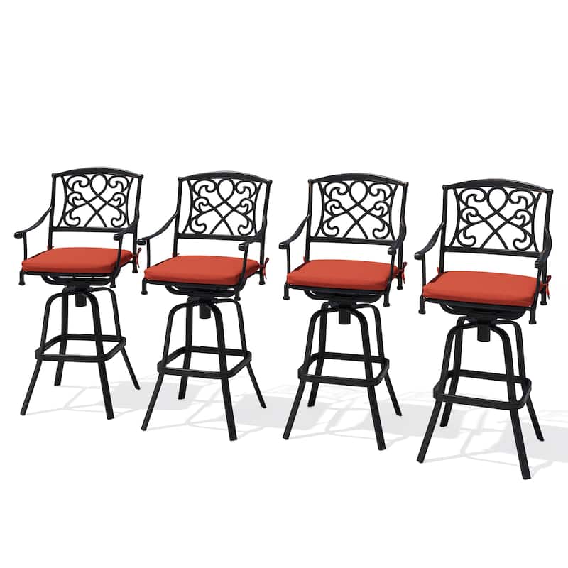 Set of 2/4 Outdoor Cast Aluminum Swivel Bar Stools with Sunbrella Fabric Cushion - Red - 4PC