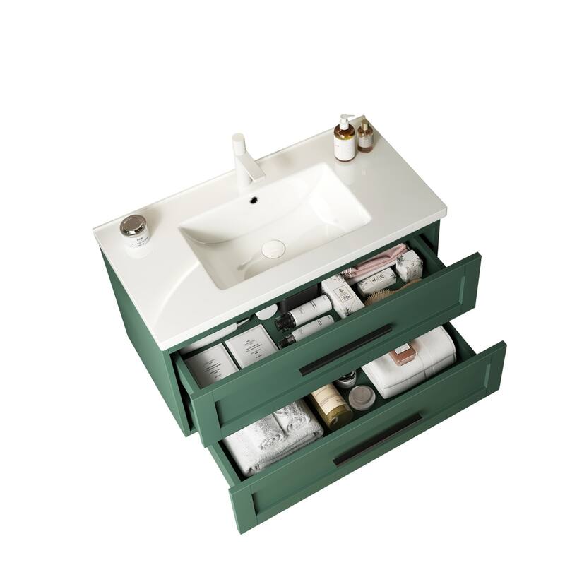 Wall-Mounted Bathroom Vanity with Premium Ceramic Basin, Large Storage, Soft-Close Drawers, and Detailed Assembly Instructions
