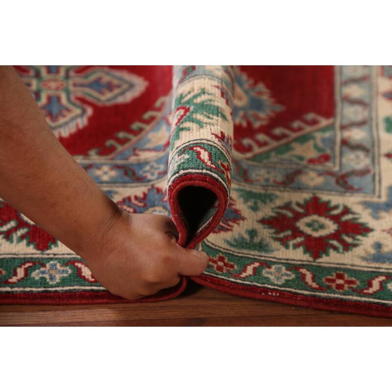 Geometric Red Kazak Area Rug Handmade Wool Carpet - 5'2" x 6'9"
