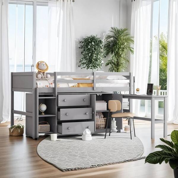 slide 2 of 13, Multi-Functional Twin Size Low Loft Bed With Pull-Out Desk, Drawers, Cabinet, and Shelves, Superior Quality, Space-saving, Grey Grey