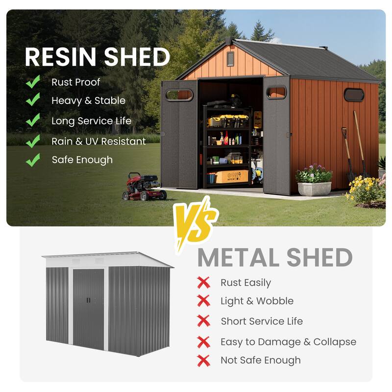 8' x 8' / 8' x 10'/ 8' x 12' Outdoor Resin Storage Shed with Lockable Doors and Air Vents for Garden