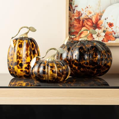 Glitzhome Gold Handle Amber Dots Glass Pumpkin for Fall Halloween Thanksgiving Decorating