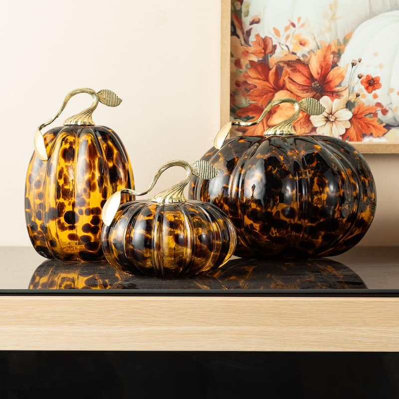 Glitzhome Fall Harvest Handblown Glass Pumpkins Set Thanksgiving Table Centerpieces - Set of 3-Amber Dark Dots
