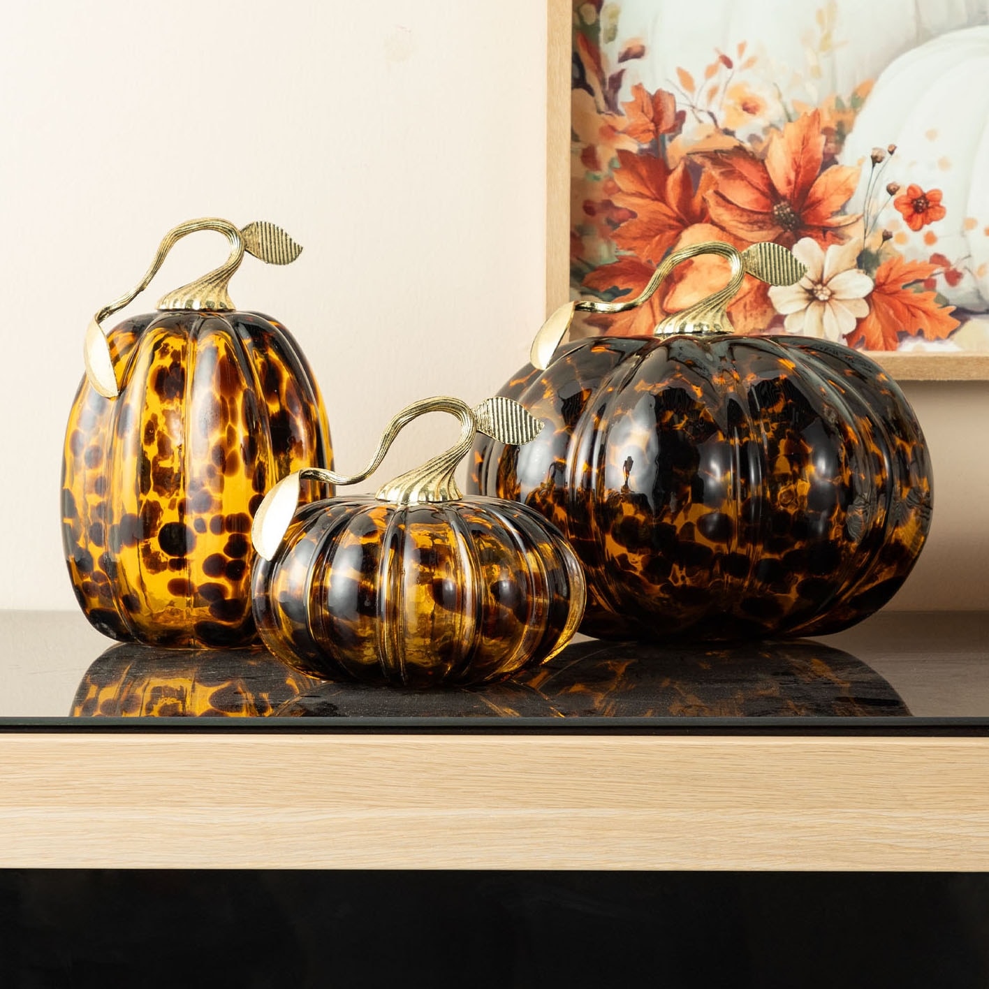 Glitzhome Gold Handle Amber Dots Glass Pumpkin Fall Halloween Table Decor