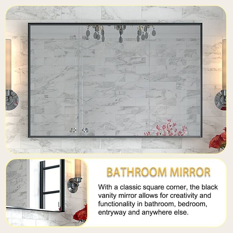 Glossy Black Modern Aluminum Framed Wall Mounted Bathroom Vanity Rectangular Mirror
