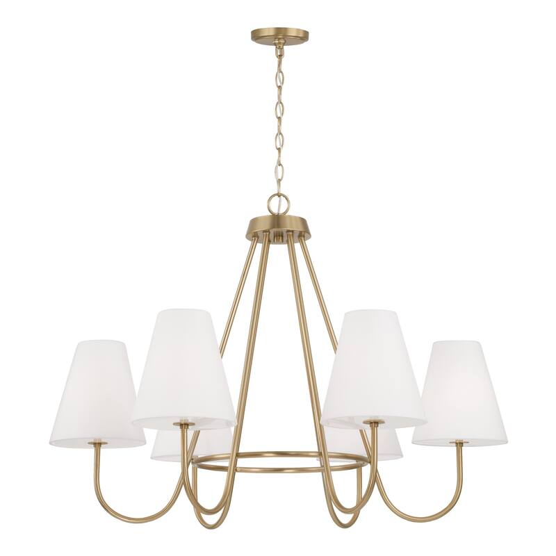 36"W x 26.25"H 6-Light Chandelier in Matte Brass with Tapered White Fabric Shades and Glass Diffusers - Matte Brass