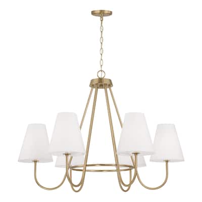 36"W x 26.25"H 6-Light Chandelier in Matte Brass with Tapered White Fabric Shades and Glass Diffusers