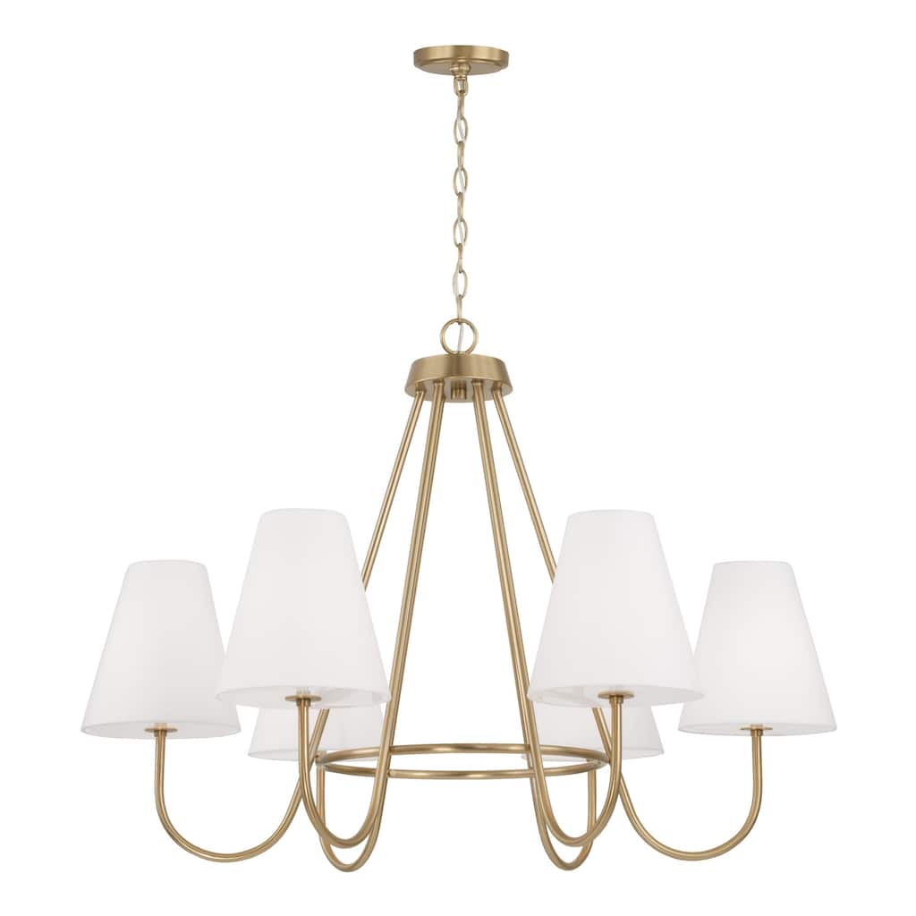 36"W x 26.25"H 6-Light Chandelier in Matte Brass with Tapered White Fabric Shades and Glass Diffusers