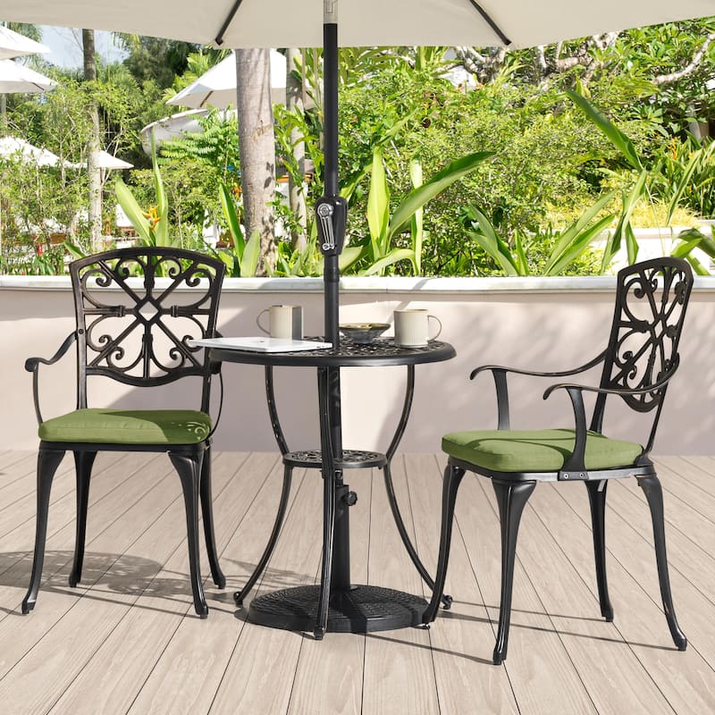 Outdoor 3-Piece Cast Aluminum Patio Set with Cushions and Umbrella Hole