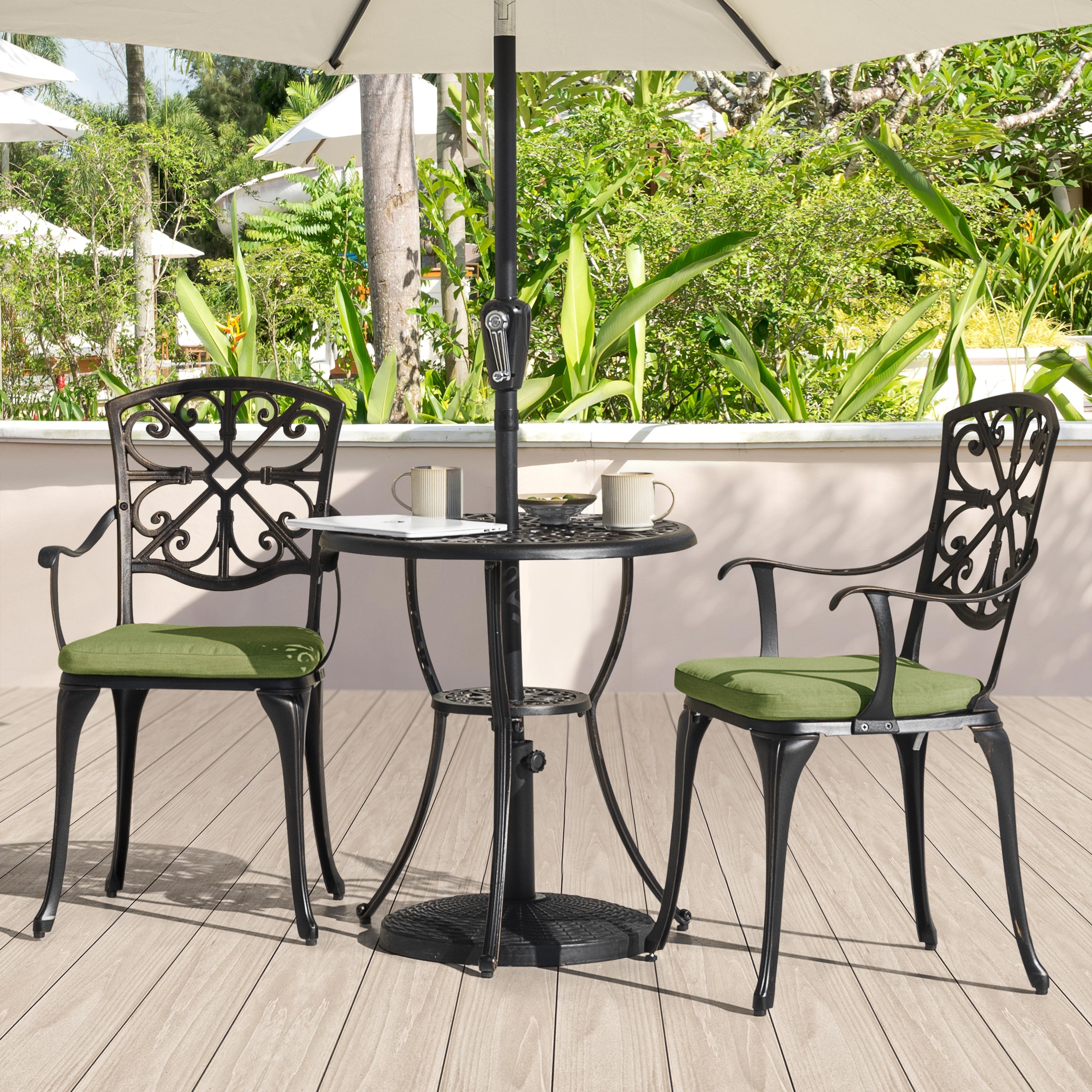 3 piece patio set wuth umbrella hole under Outdoor Bistro Set, Round Cast Aluminum Bistro Table with making it perfect for backyard or patio nooks where you want to relax with a favorite book while enjoying the weather Nuu Garden Outdoor 3-Piece Cast