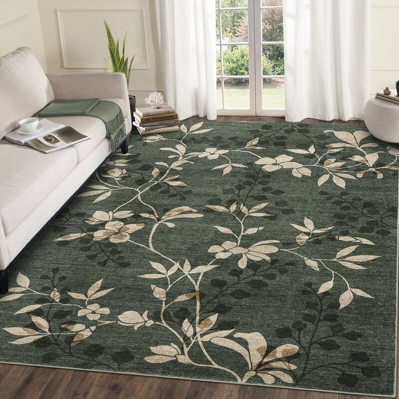 Modern Leaves Pattern Area Rug Botanical Print Washable Rugs for Living Room Bedroom Non-Slip Low Pile Floor Carpet - 5'x7' - Green