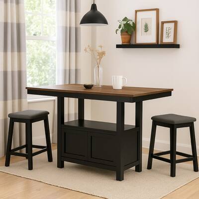 Fleur Counter Height Table with Built-In Storage, Black Wood, 60 Inch