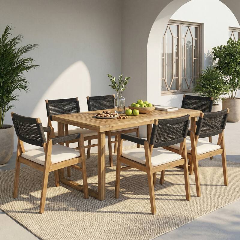 Christopher Knight Home - 7-Piece Outdoor Acacia Wood Dining Set with Cushioned Armchairs & Rectangular Slatted Table - Black Rope+Sandblast Natural Stained+Teak Finish