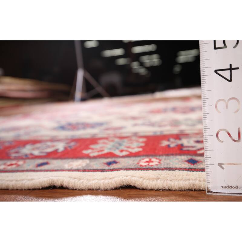 Geometric Kazak Area Rug Hand-Knotted Bedroom Beige Wool Carpet - 5'2" x 6'7"