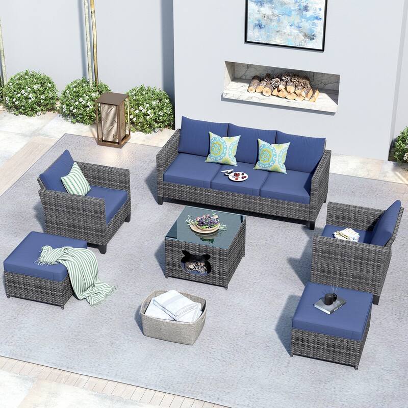 OVIOS 6-piece Patio Wicker Conversation Sectional Set With Cat Head-shaped Storage Table - Denim Blue