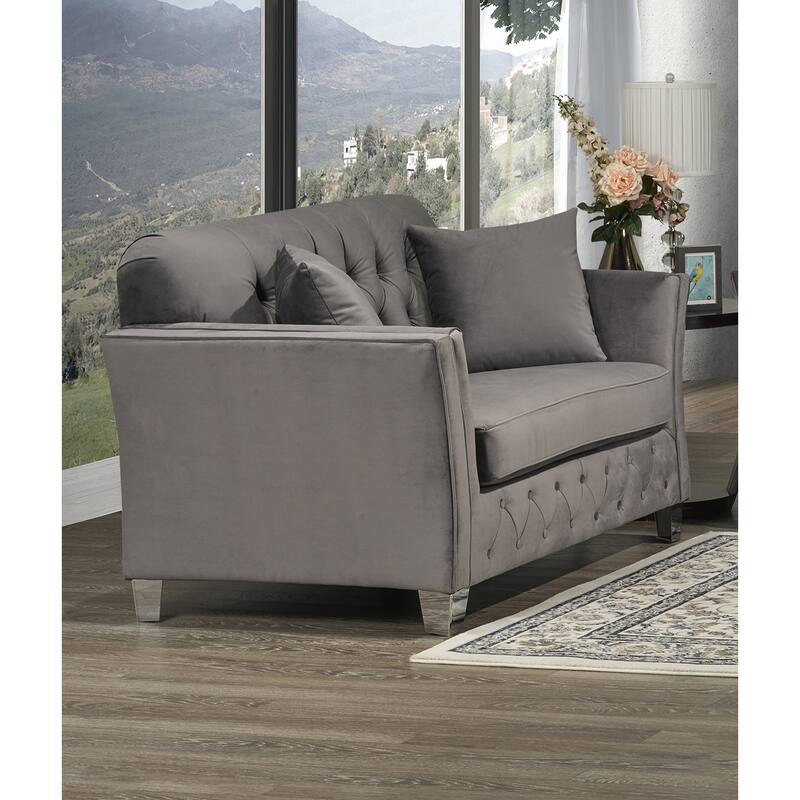 Corrie Grey Velvet Fabric Button Tufted Sofa and Loveseat Set