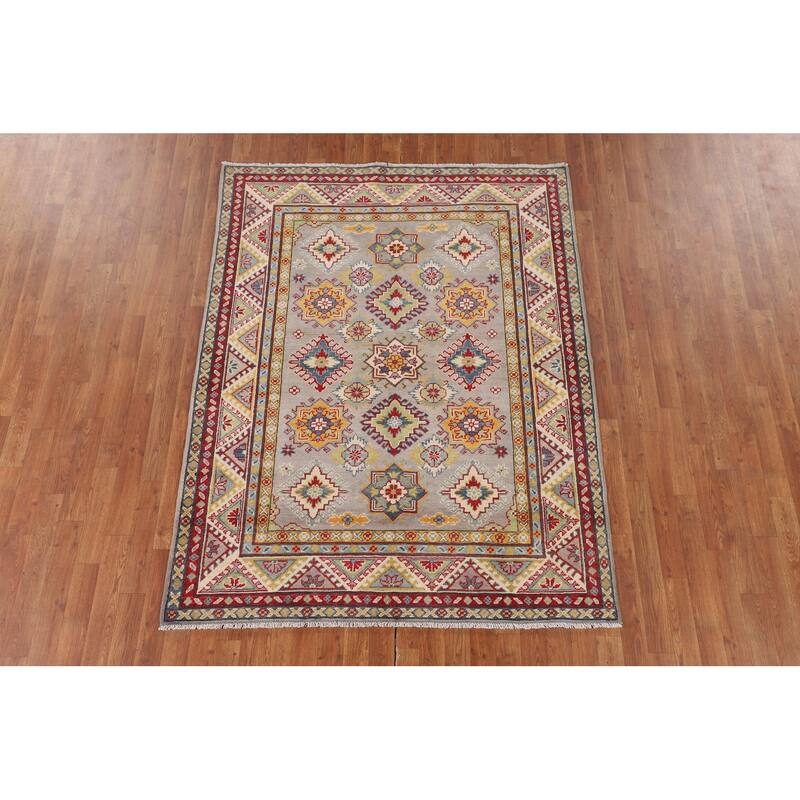 Grey Geometric Kazak Oriental Area Rug Hand-Knotted Wool Carpet - 5'1" x 6'7"