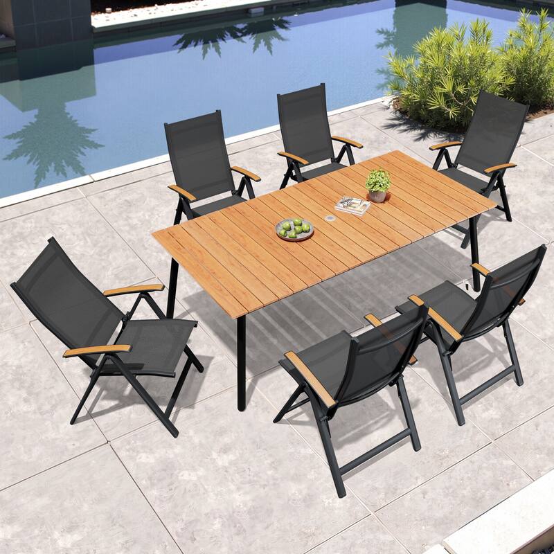 7/9-Piece Outdoor Patio Dining Set Adjustable Folding Chairs and Aluminum Dining Table - Brown Table - 82.48 inches