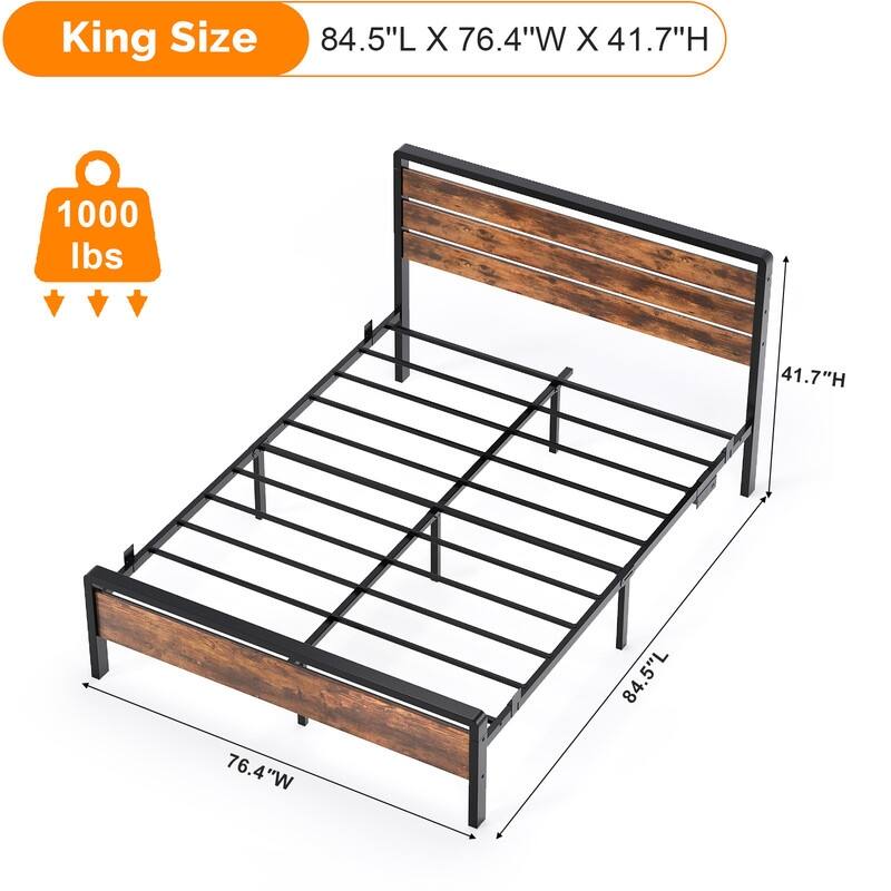 Bed Frame with LED Light and Charging Station, Metal Platform Bed with Wood Headboard