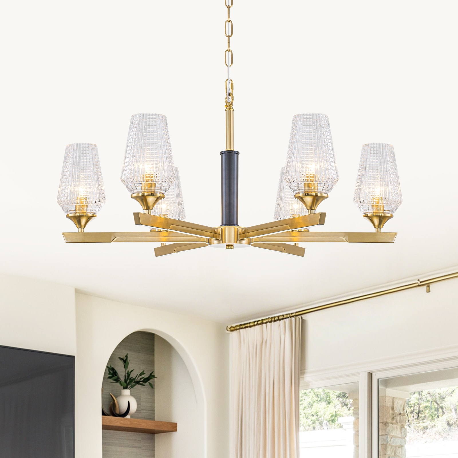 Gold Chandelier Ribbed Glass Shades Modern Dining Room Pendant Light