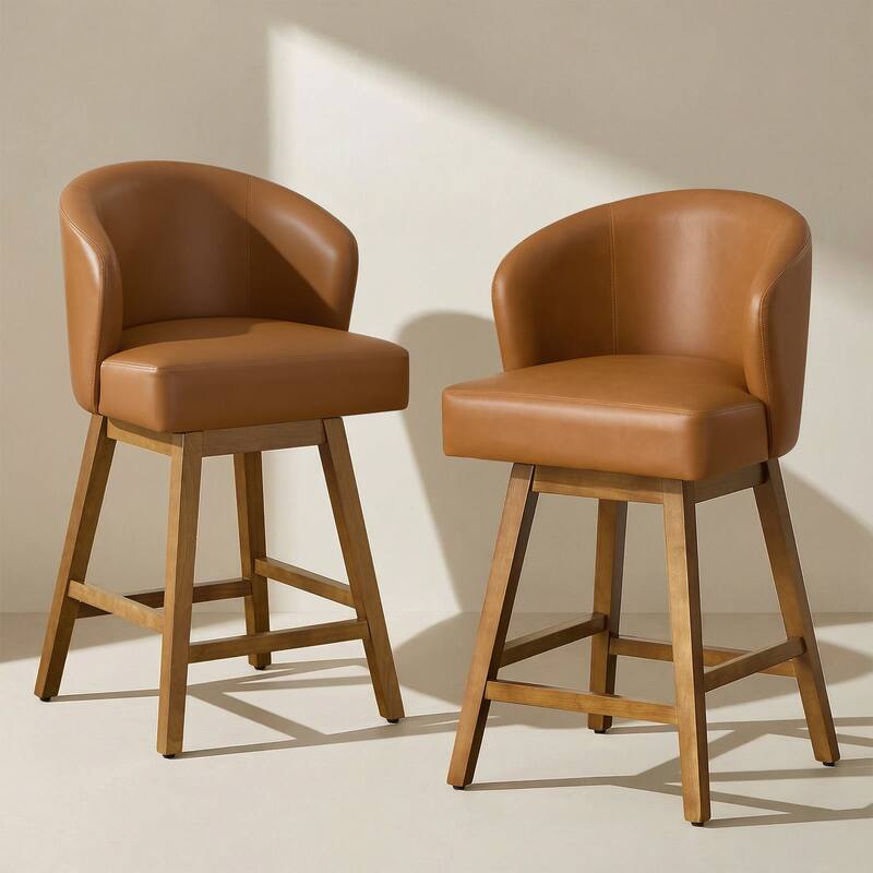 26 Inch Upholstered Swivel Counter Height Bar Stools with Back and Solid Wood Frame - 37.8"H x 20.9"W x 21.3"D