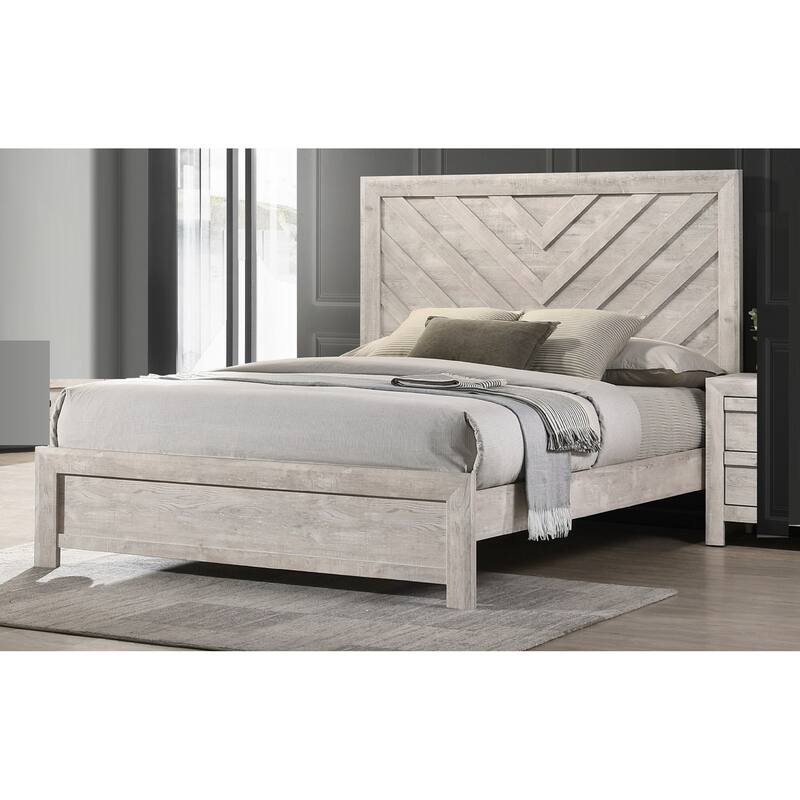 Queen Size Wooden Platform Bed with Geometric Chevron Pattern Headboard