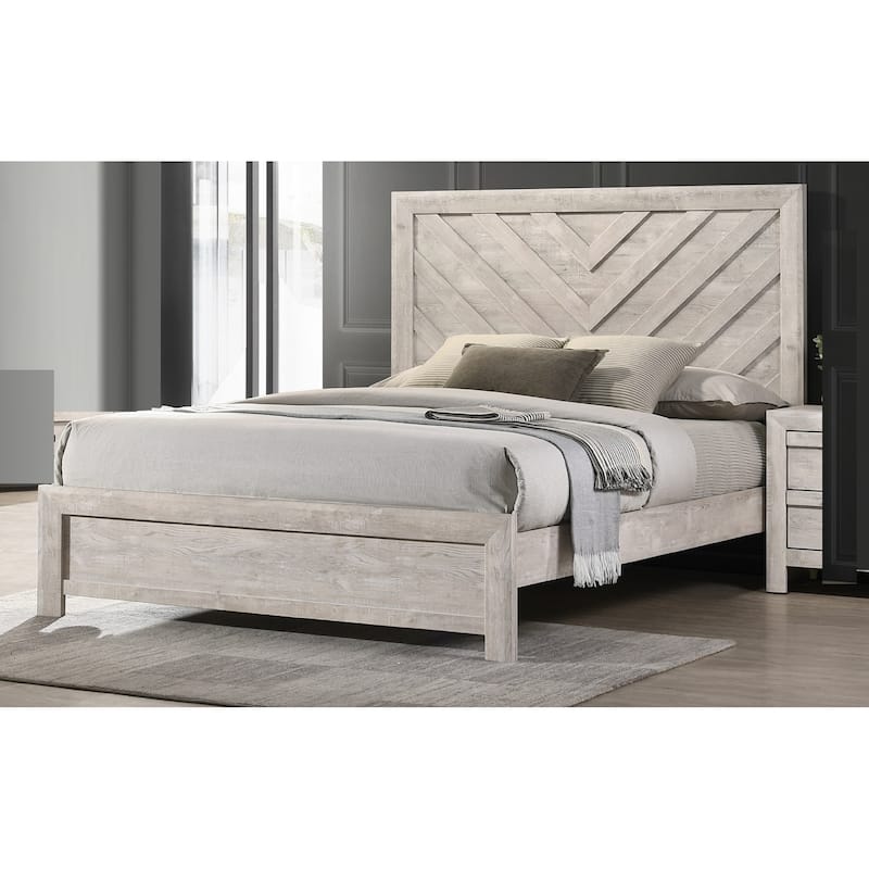 Twin Size Rustic Beige Gray Wooden Bed with Geometric Chevron Design Headboard