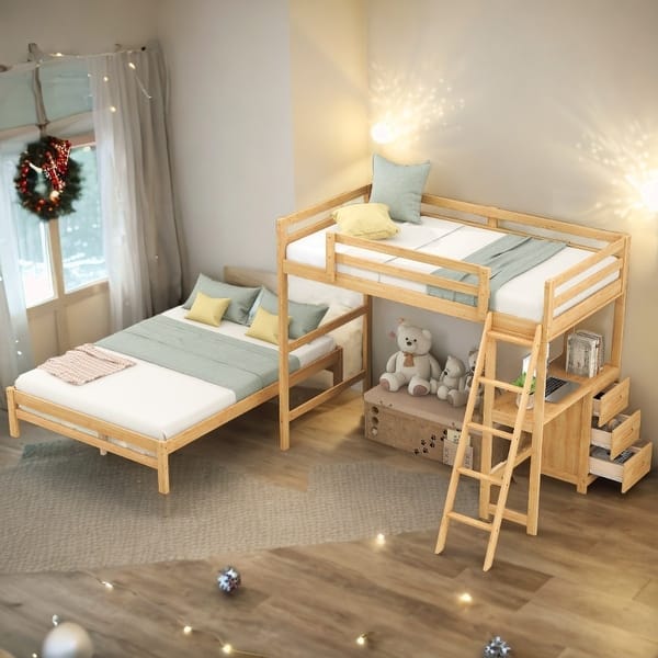slide 2 of 15, Twin over Full Bunk Bed with Built-in Desk and Three Drawers Natural