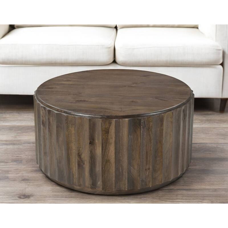 HomeRoots 36" Brown Solid Wood Round Drum Coffee Table - 36.00 in. x 18.00 in. x 36.00 in. - Brown