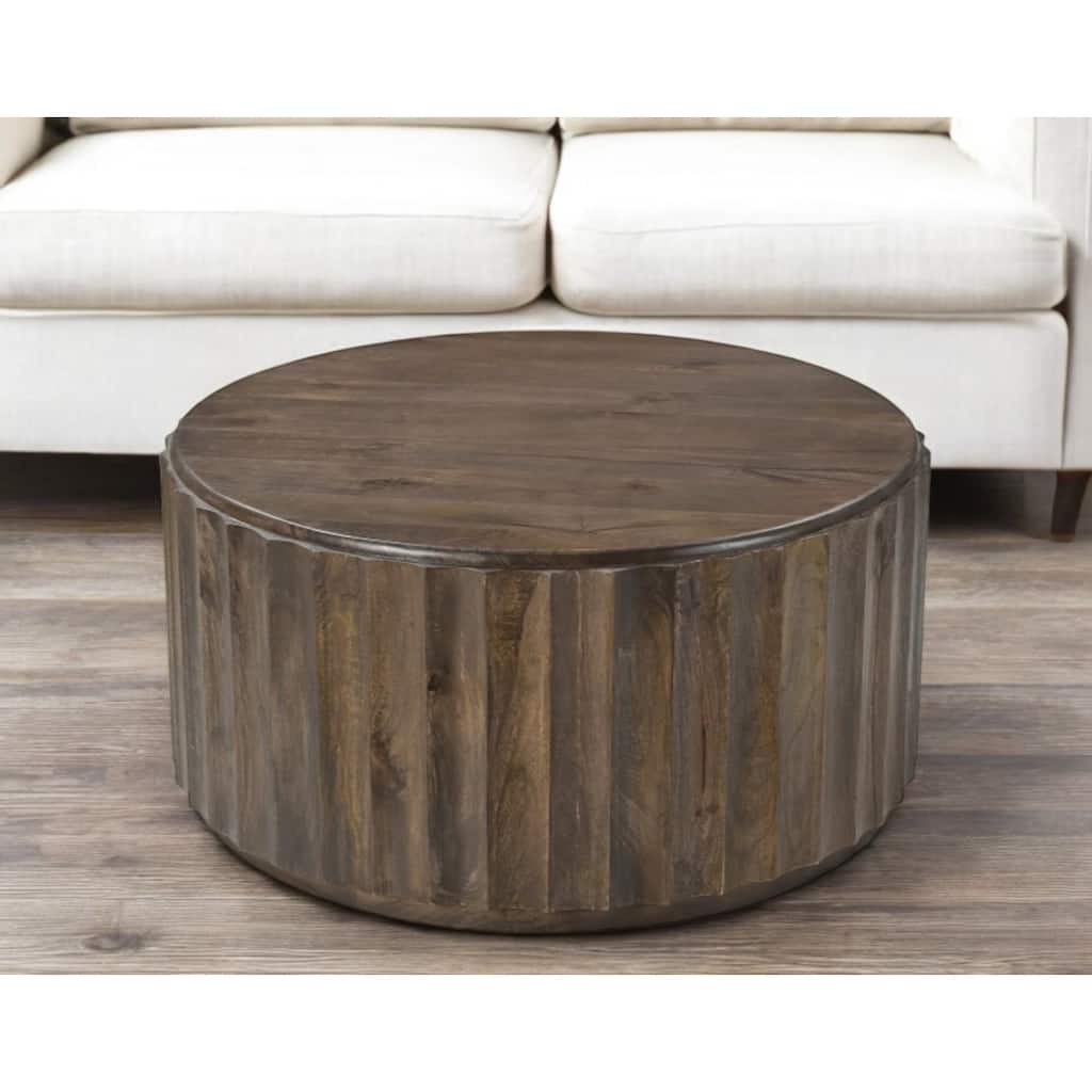 HomeRoots 36" Brown Solid Wood Round Drum Coffee Table - 36.00 in. x 18.00 in. x 36.00 in.