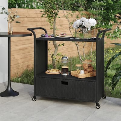 Patio Bar Cart with Storage Drawer Mobile Kitchen Cart Outdoor Rattan
