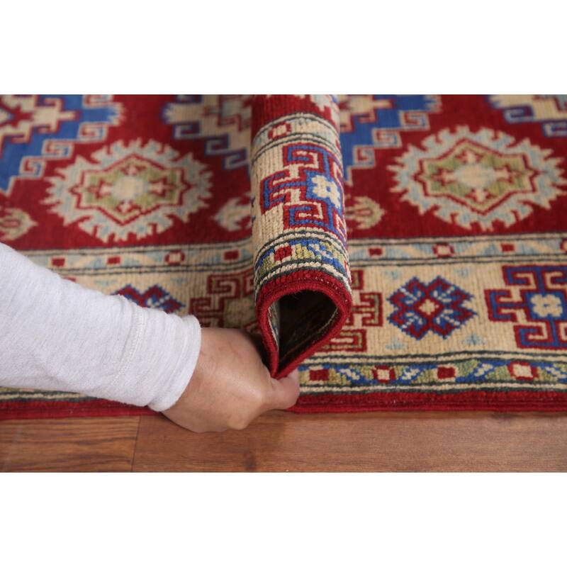 Hand Knotted Oriental 100% Wool Carpet Traditional Geometric Red Kazak Runner Rug - 8' 7'' X 2' 8''