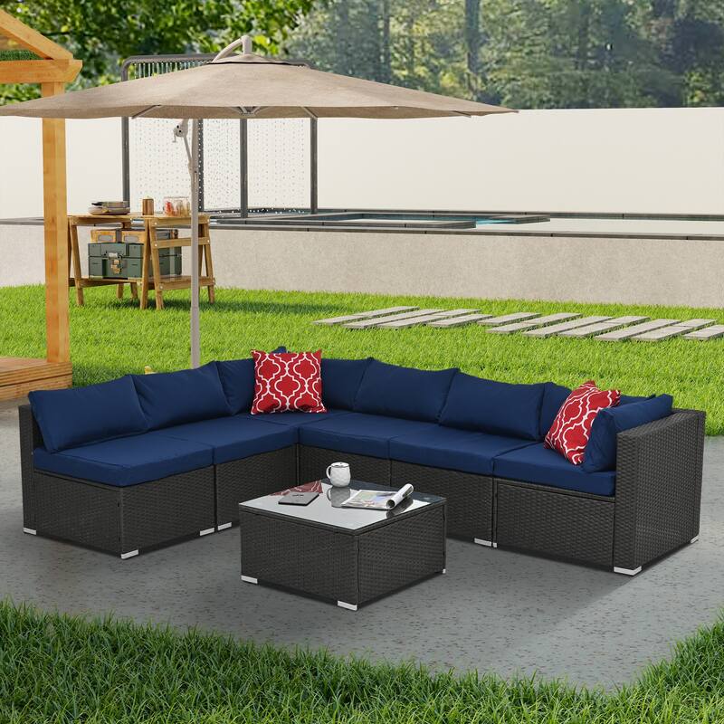 7-piece Outdoor Patio Sectional Set with Glass Table