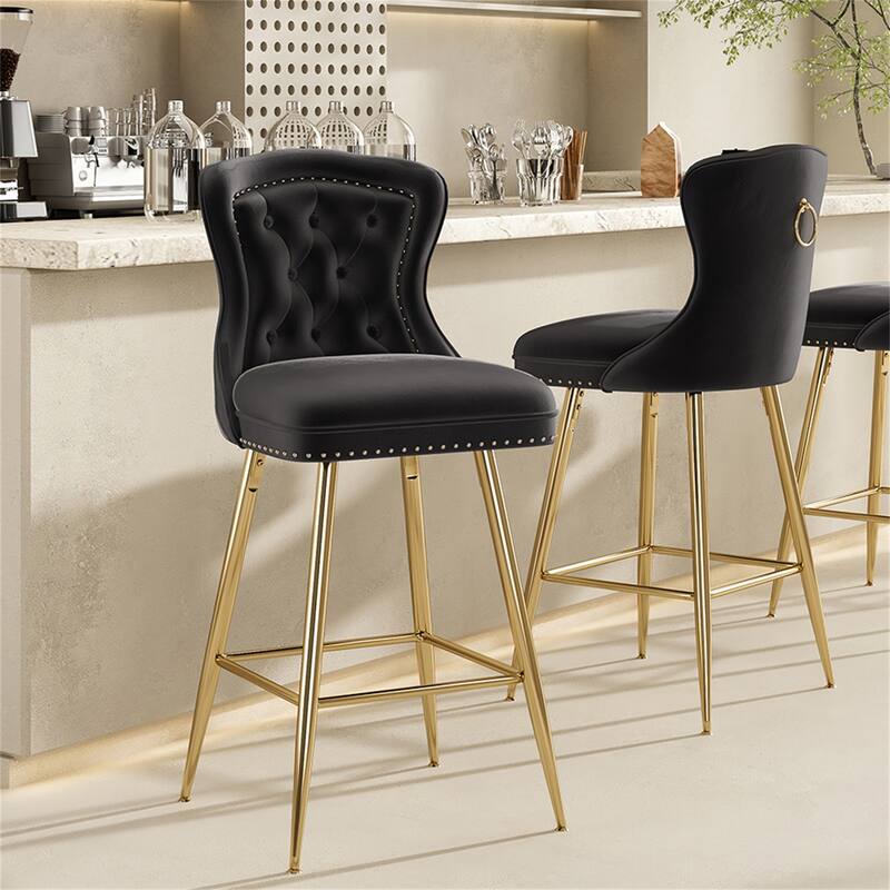 Velvet Bar Stools with Metal Legs, Button Tufted and Nailheads Trim (Set of 2)
