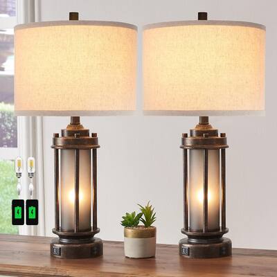 Set of 2 Rustic Table Lamps, Farmhouse Vintage Style, 2 USB Ports, Green Glass Night Light, 4 Bulbs Included