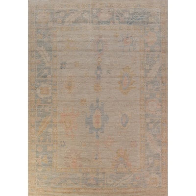 Vegetable Dye Oushak Turkish Rug Handmade Beige Wool Carpet - 9'0" x 11'10"