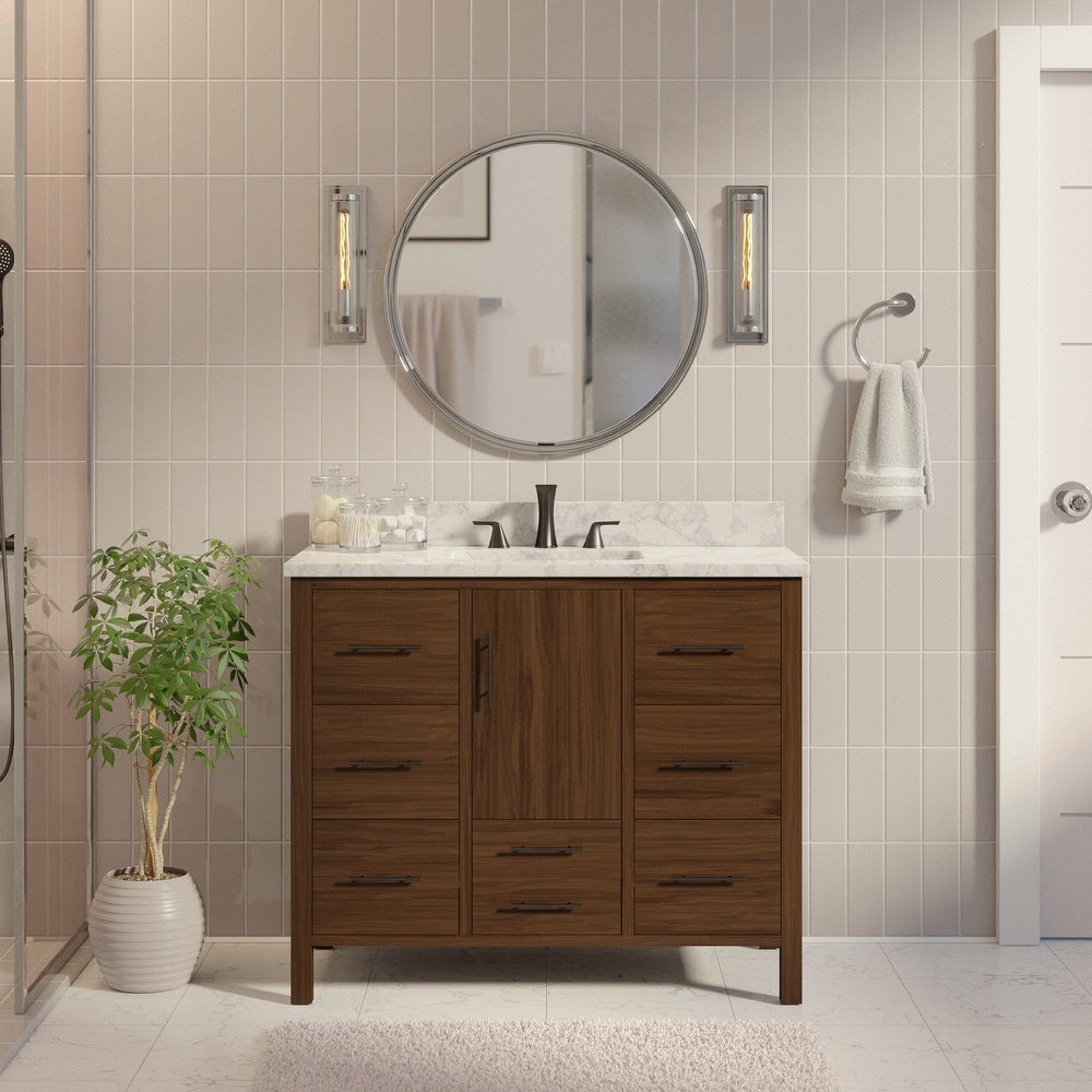 KitchenBathCollection California 42" Bathroom Vanity with Carrara Marble Top