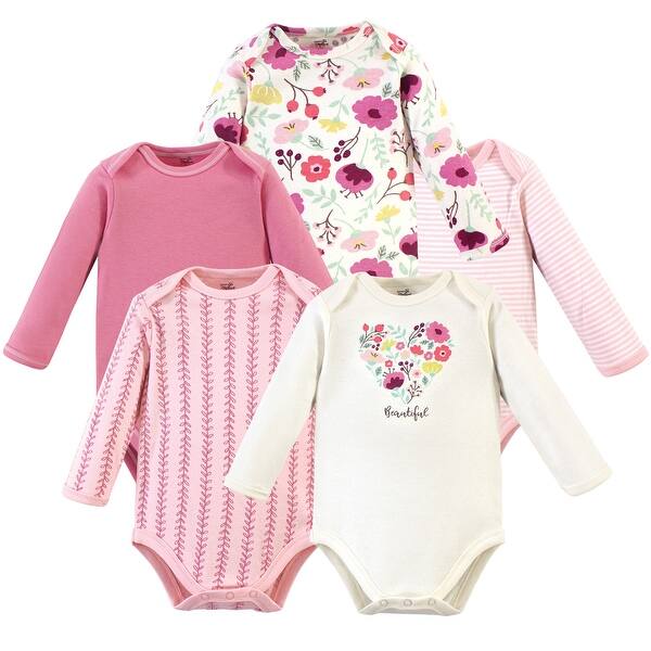 slide 1 of 1, Touched by Nature Baby Girl Organic Cotton Long-Sleeve Bodysuits 5pk, Botanical 0-3 Months - Botanical