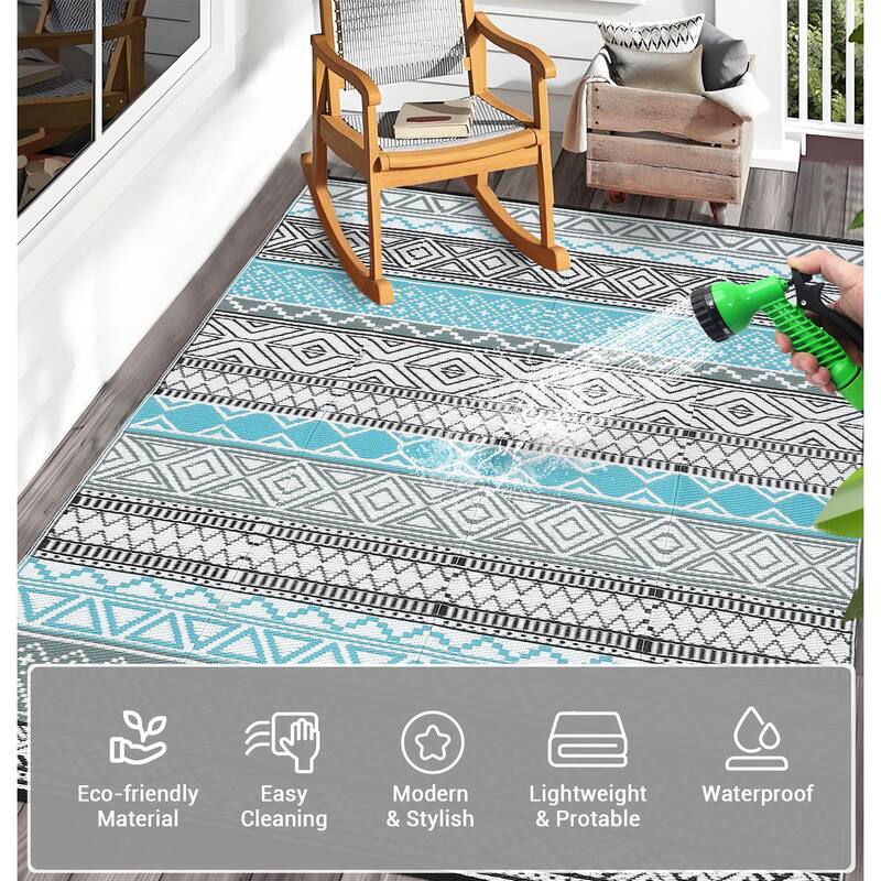 Outdoor Rug Waterproof Patio Rug Mat Geometric Rug Plastic Straw Outside Rug for RV Camping Picnic Reversible Rug