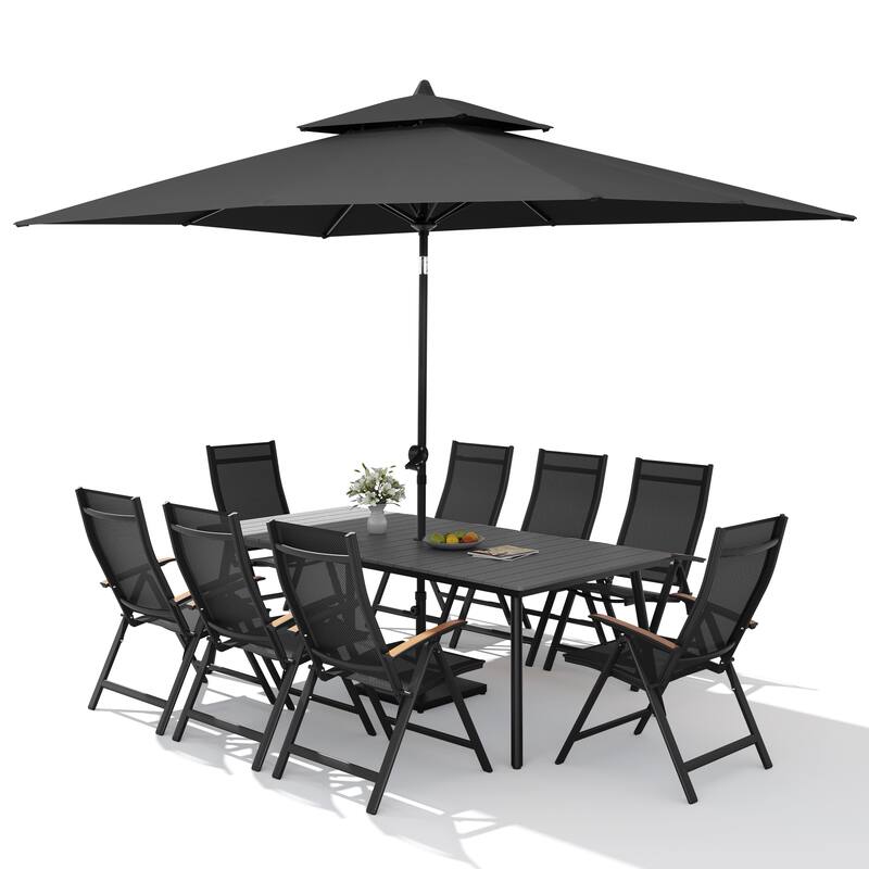 11PC Outdoor Patio Dining Set Wood-Like Aluminum Umbrella Hole Table with Folding Chairs,Double Top Market Umbrella and Base