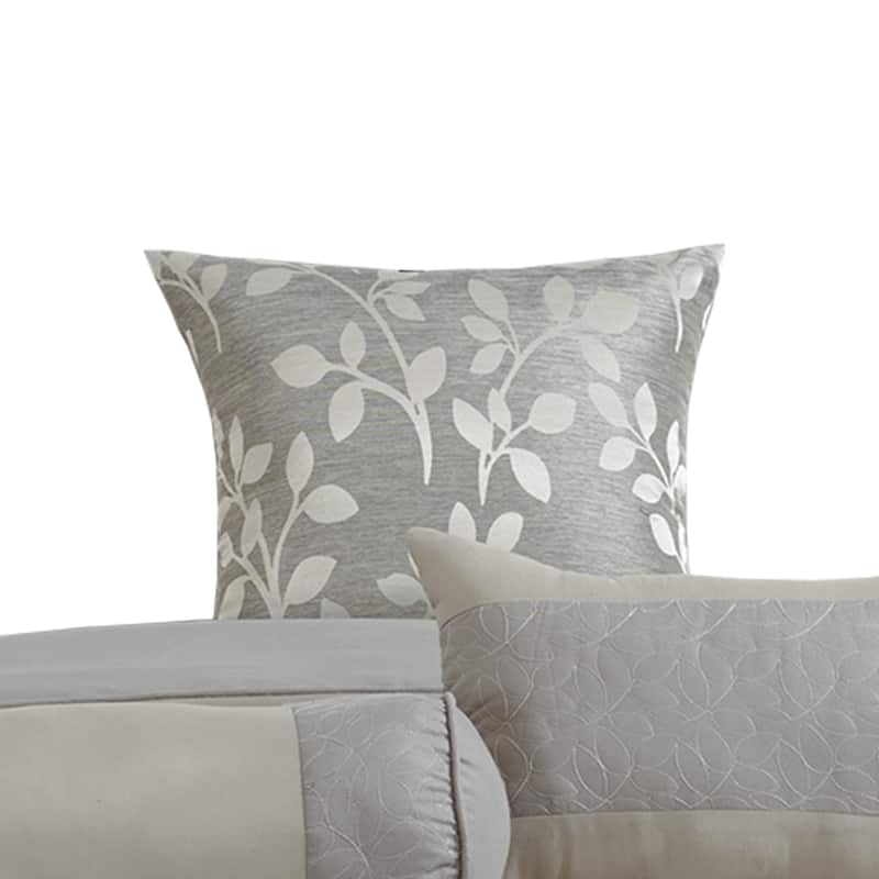 Queen Size 7 Piece Fabric Comforter Set with Leaf Prints, Gray