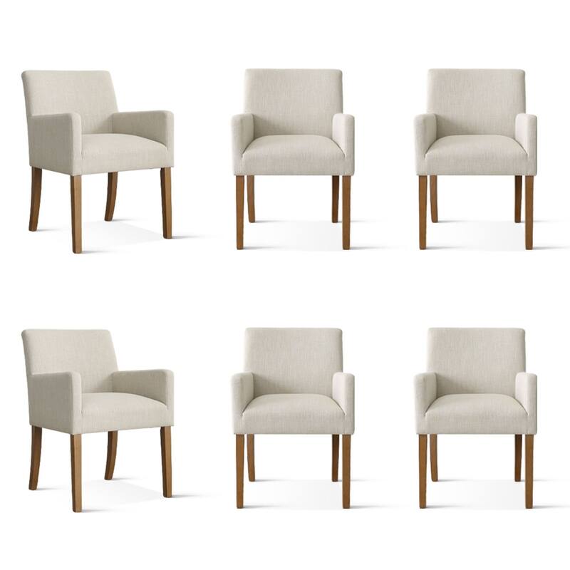 Linen Upholstered Armchairs with Wide Seat, High Back and Solid Wood Legs, Set of 6