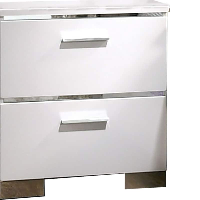 Wood and Metal Nightstand with 2 Drawers, White and Silver